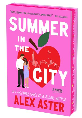 Summer in the City book cover by Alex Aster. Pink book with a red apple heart with a white New York City skyline and a couple in a side hug off to the side.
