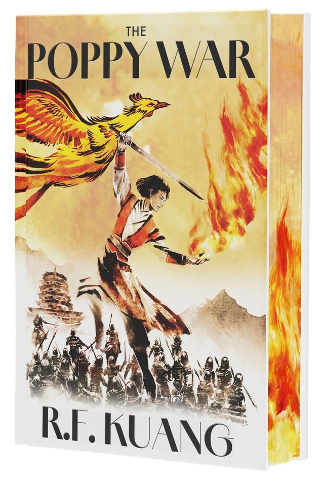 The Poppy War by R.F. Kuang, book cover. A woman holds a sword as she is surrounded by flames and soldiers, a Phoenix flies above her head.