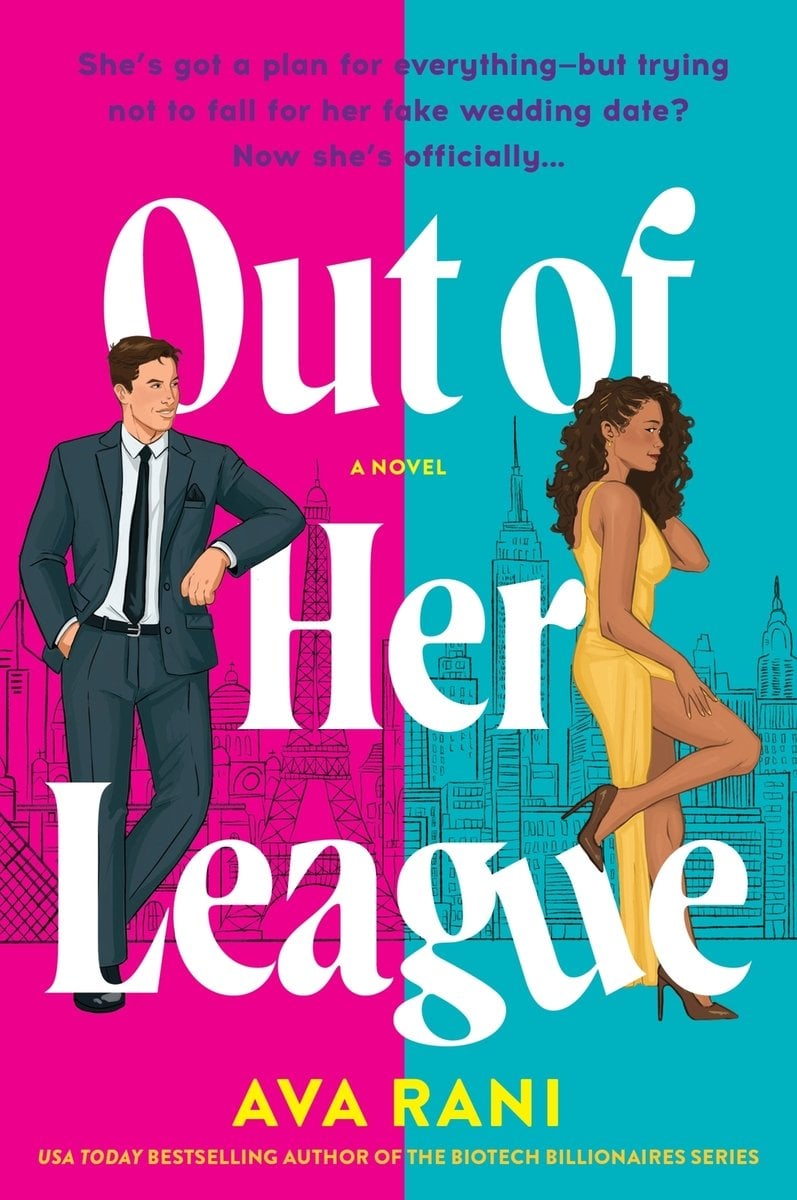 Out of Her League by Ava Rani a soccer romance book cover depicting a man and woman in fine dress with the background a Paris city scape in color separated 50/50 in teal and magenta.