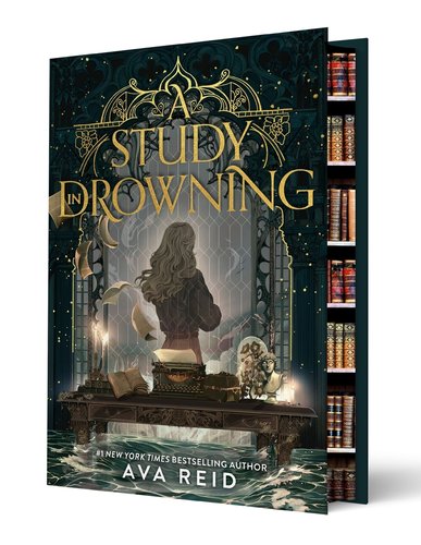 A Study in Drowning by Ava Reid, book cover. A woman with her back facing the viewer is standing behind a table. Books and papers surround her and her desk, and the sprayed edge designs feature books on a shelf.