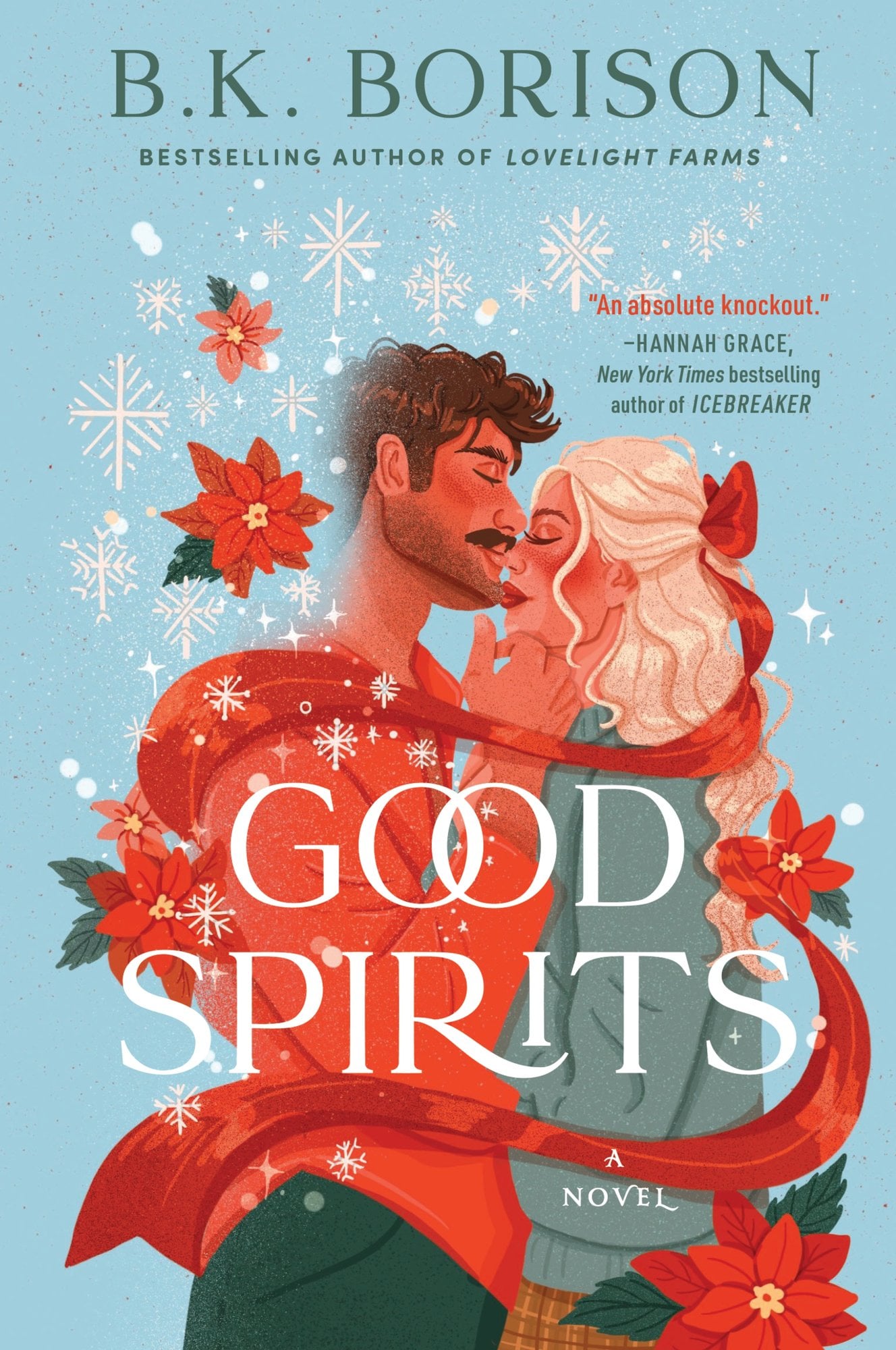 Good Spirits by B. K. Borison holiday romance book cover depicting a man and a woman embracing while a red ribbon twirls around them. A light blue background depicts flurries of snow and red poinsettias.