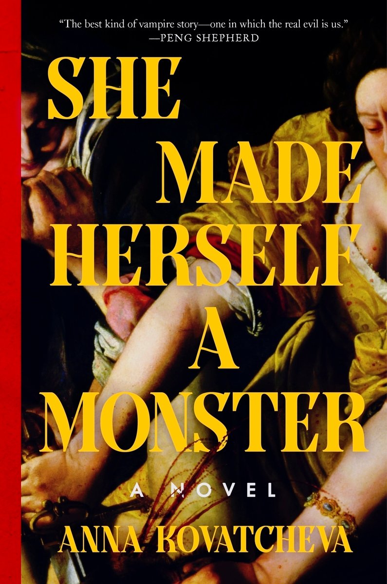 A zoomed picture of Judith Slaying Holofernes by Artemisia Gentileschi. The title is in yellow, as is the author's name.