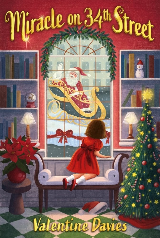 Cover of Miracle on 34th Street showing a young girl in a red dress looking out a window at Santa Claus flying by in his sleigh