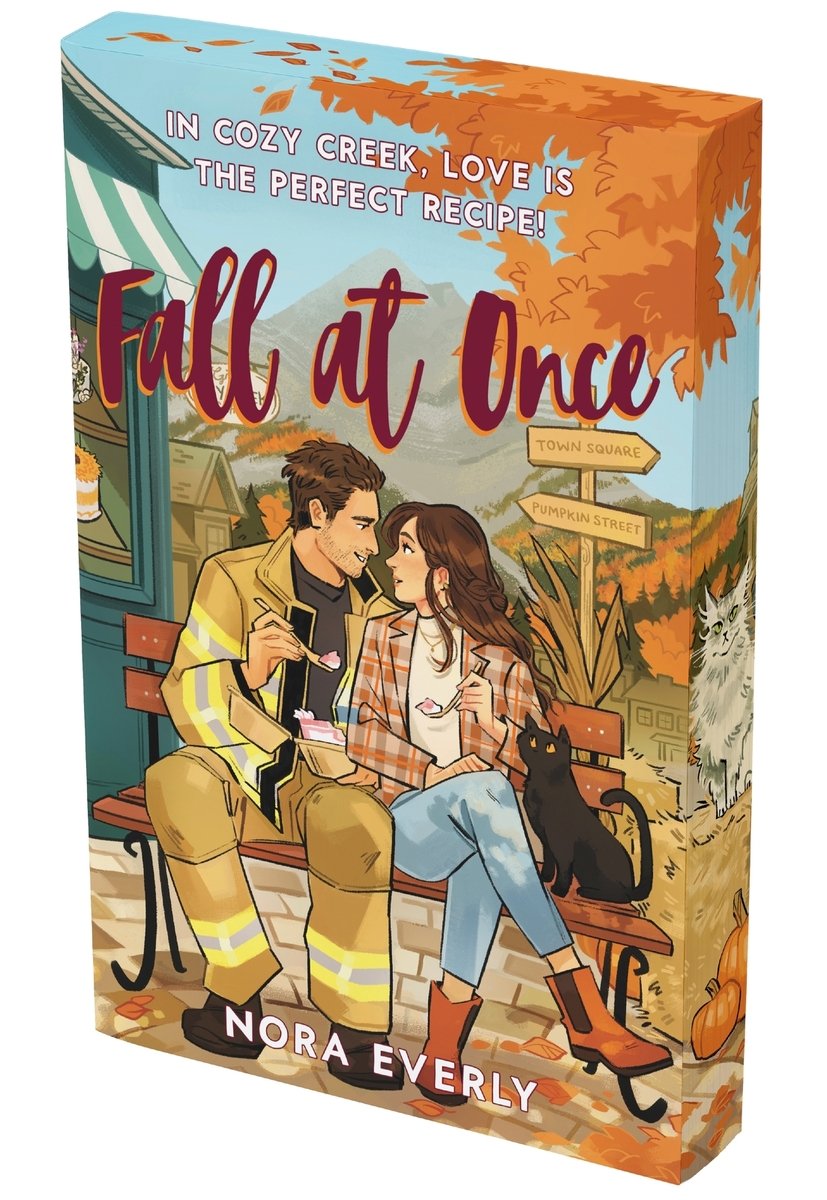 Fall At Once by Nora Everly book cover features a couple -- the guy in a firemen's attire and the girl in brown boots, jeans, and a red flannel with a white shirt; both have brown hair -- sitting on bench sharing ice cream. The background behind them features a mountain the distance with an orange tree behind them that has some falling leaves. The title appears in dark red script just above the couple's heads and the author's name is in white all caps font at the very bottom.