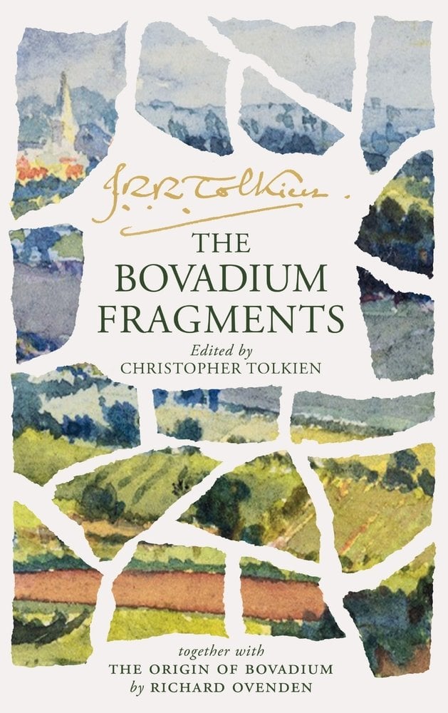 The book cover for The Bovadium Fragments by J.R.R. Tolkien, Edited by Christopher Tolkien. A torn painting of an English country landscape. The torn pieces are on a white background.