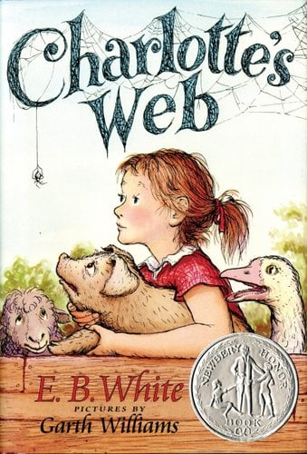 Charlotte's Web by E.B. White, book cover depicting an illustration of a girl embracing her pig with a goose and lamb next to them.
