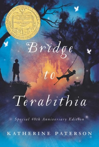 Bridge to Terabithia cover by Katherine Peterson, whimsical scene of a little girl playing on a rope swing while a little boy looks at her from across a divide.