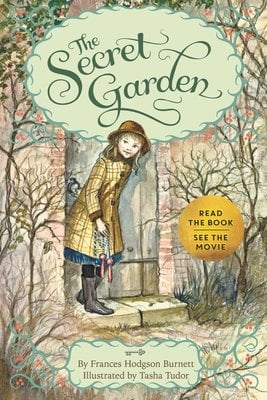 Book cover of The Secret Garden by Frances Hodgson Burnett, illustrated by Tasha Tudor. In a watercolor style, a girl with a brown hat and a yellow plaid coat peers into an overgrown garden and is closing the gate behind her.