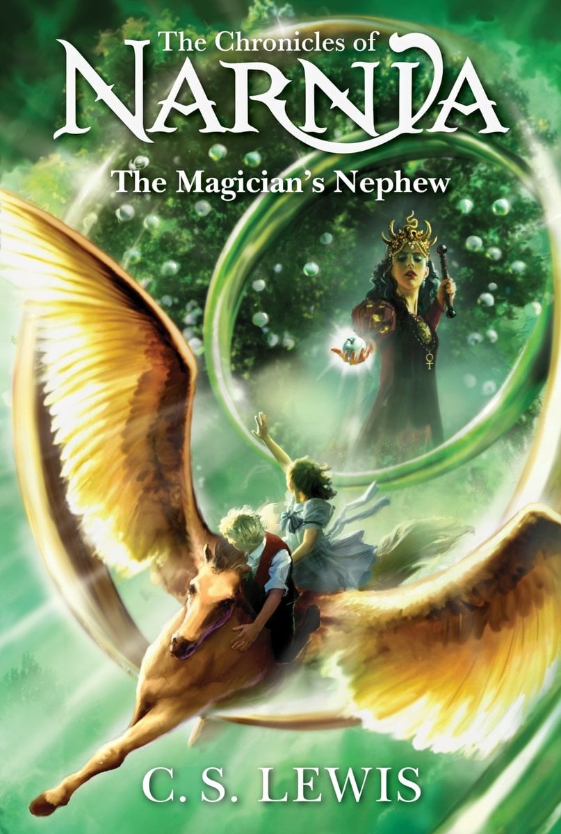 The Magician's Nephew featuring two people riding a pegasus turning back to look at a lady with a crown and globe in her hand.