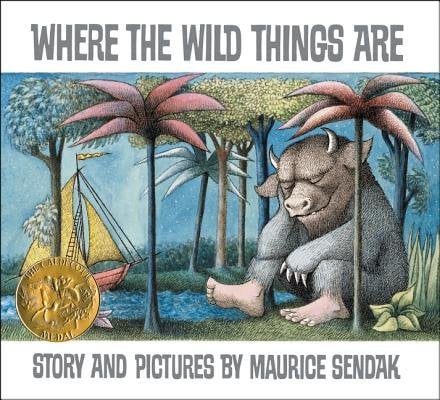 A 'wild thing' is on the cover of the book. It is sitting in the middle of the forest. A ship is in the background on a body of water.