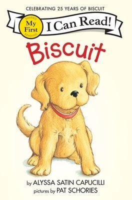 Biscuit, a children's book by Alyssa Satin Capucilli. The cover is light yellow with a big illustration of a golden/yellow puppy.