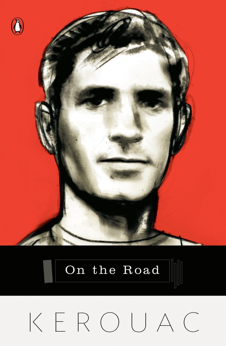 The cover of Jack Kerouac's On The Road, with an orange background and a large pencil drawing of a man's head on the front above the title