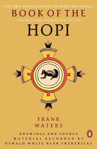 The Book of the Hopi by Frank Waters features a design with an animal in the middle.