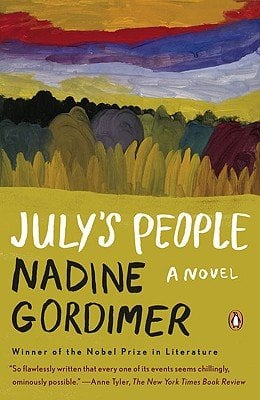 The top half of the image is an abstract painting of a sunset and grass. The bottom half of the image is painted a yellow-green color. Painted on this is the book's title, 'July's People' in white, and the author's name, Nadine Gordimer, in black, below it.