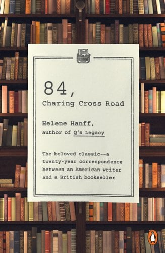 The cover of 84, Charing Cross Road by Helene Hanff. The background is full of old books on a shelf. The title information is written on a piece of paper with a black border and a typewriter on top.