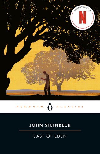 "East of Eden" by John Steinbeck book cover of a man looking at something in his hands, a big tree looming over the man. In the background, the sky is yellow, another tree in the far distance.