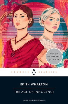 "The Age of Innocence" by Edith Wharton book cover with two female figures. One on the left has red hair and dress. One on the right has blonde hair and white dress. They are set against a red, white, blue, and yellow background.