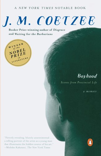 A white cover with a black and white image depicting the back of a young black boys head. It says J. M. Coetzee at the top in blue, and the title, Boyhood, on the boy's head in white. There is also a gold emblem that says 'Winner of the Nobel Prize of Literature'