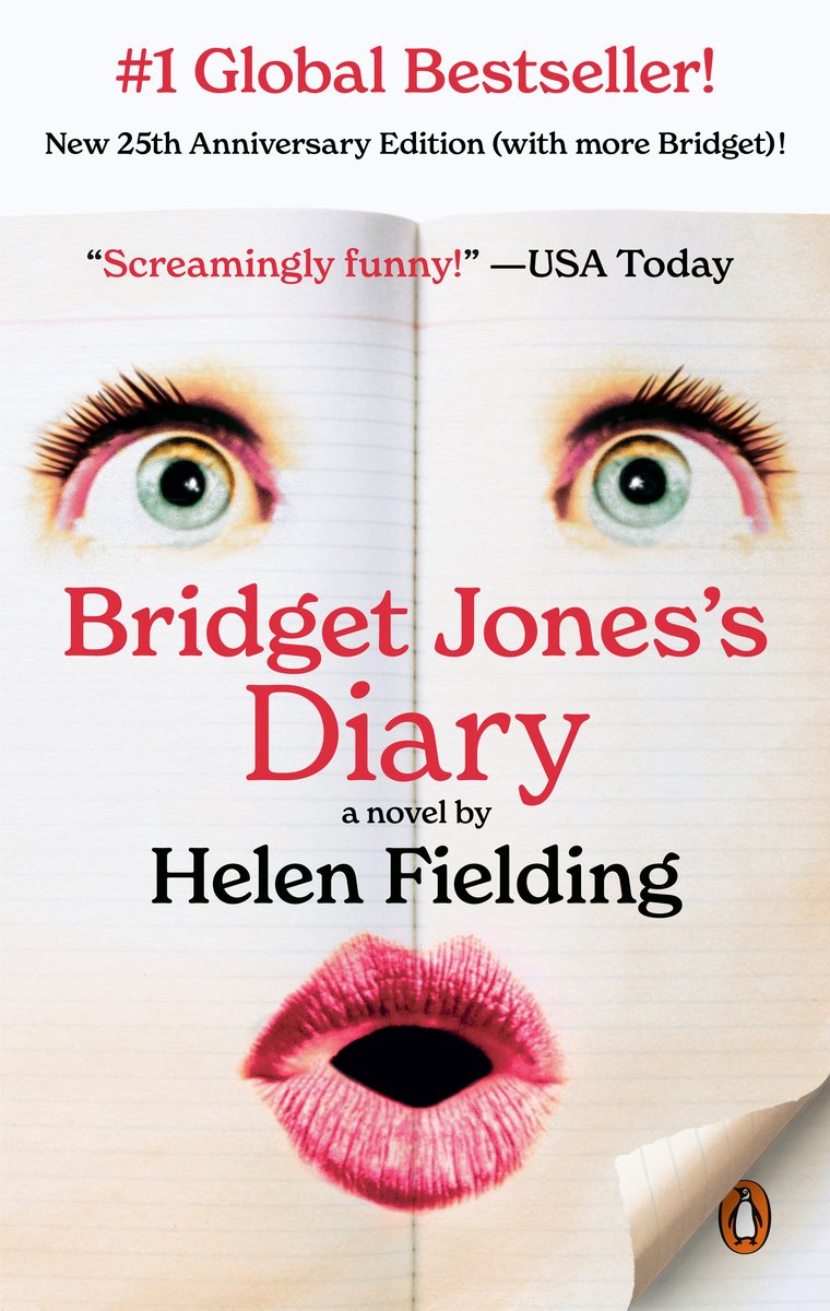 Bridget Jones's Diary by Helen Fielding book cover set against a bright, cream-colored background, the cover features a close-up illustration of a woman's face, cropped to focus on her expressive eyes and vibrant lips. At the top, “Bridget Jones’s Diary” is written in bold, uppercase pink letters, with Bridget Jones’s slightly larger and Diary beneath it in a softer, more handwritten-style font. The woman’s eyes—curious and slightly wide—peek from above the title, while her luscious lips, painted a vivid fuchsia, are partially concealed by the title text.