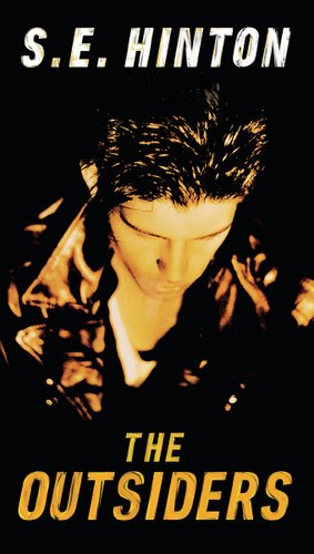 The Outsiders by SE Hinton cover; boy with black greasy hair looking down and wearing collared leather jacket