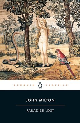 Paradise Lost book cover featuring the biblical story of a naked woman in the forest with a snake and a bird.