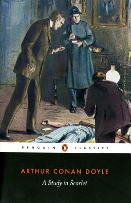 A Study in Scarlet book cover by Arthur Conan Doyle. A color illustration of a white man in a suit leaning over a dead body, a policeman, and another man in a suit kneeling next to the body. Below are a white block and a black block with text over them labeling the publisher, author, and title.