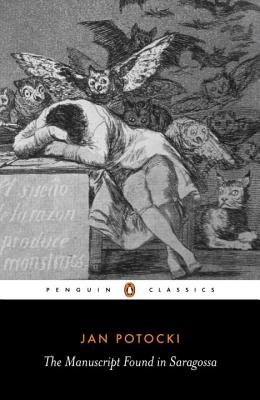 The Manuscript Found in Saragossa by Jan Potocki, book cover. Black and white illustration of a person with their legs crossed and head down as owls surround them.