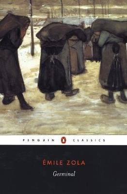 Germinal by Émile Zola, a Penguin Classic edition book cover. In a muddy, dark landscape, a group of people with their heads down are walking along the path; they are wearing old, brown clothes with dark rags over their heads.