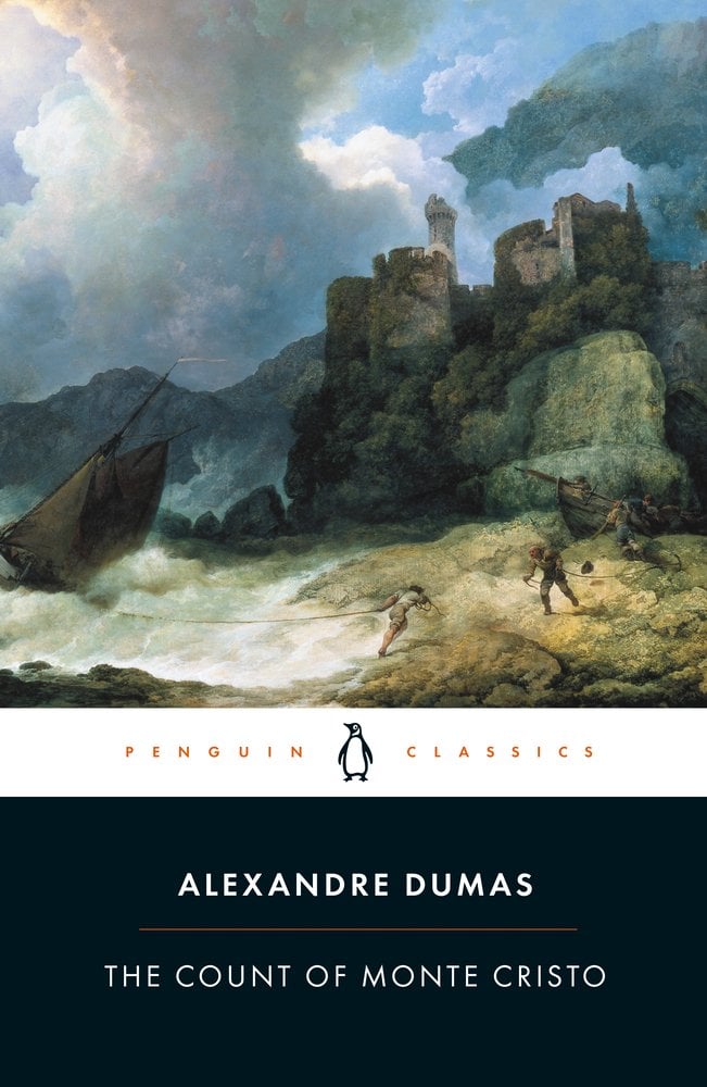 The Count of Monte Cristo by Alexandre Dumas, a Penguin Classics edition book cover. Amid a rocky hillside with a castle on top, a small group of men stand near the shore and pull a ship onto land with a rope. Dark clouds form above them, covering most of the blue sky.