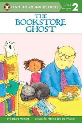 The Bookshop Ghost by Barbara Maitland is a Penguin Young Readers Level 2 book with a little girl and man sitting at a desk with a cat and books. There is a ghost on top of the bookshelf and hands grabbing a book.