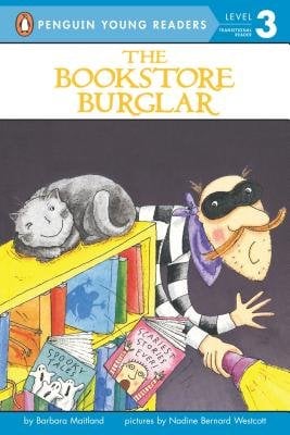 The Bookshop Burglar by Barbara Maitland and illustrated by Nadine Bernard Westcott features a burglar inside of a bookstore with a flashlight walking past a gray cat on top of a bookshelf with books falling out.
