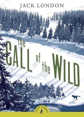 The Call of the Wild by Jack London, book cover. The book has various shades of blue with a strip of white running through the middle to mimic snow and the title is in green.