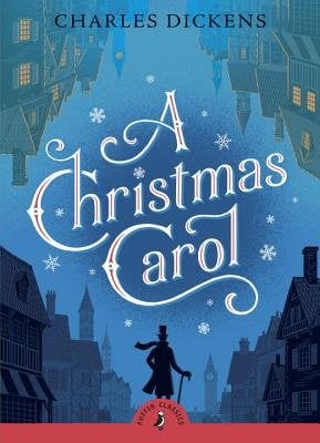 A Christmas Carol by Charles Dickens, a children's book cover depicting the silhouette of a man wearing a top hat and, scarf, while walking with a cane. He is depicted walking through town and the reflection of the town is above as well, with lights on.