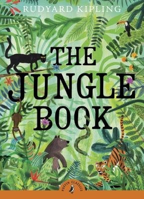 The Jungle Book by Rudyard Kipling, book cover depicting an illustration of jungle with numerous animals around.