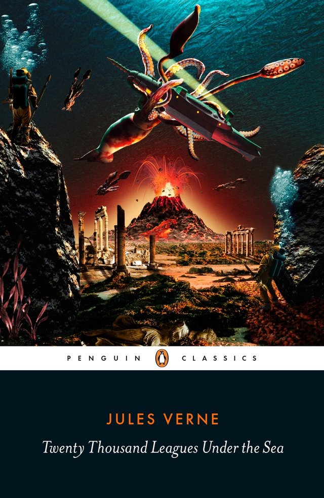 The cover of Jules Verne's Twenty Thousand Leagues Under the Sea (featuring an underwater/sea volcano and city as well as a giant squid grappling a submarine) with the Penguin classics logo