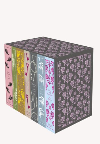 A colorful box set of Jane Austen's books against an off white background.