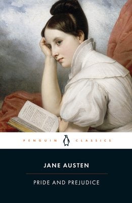 Book cover of "Pride and Prejudice" with a woman reading a book.