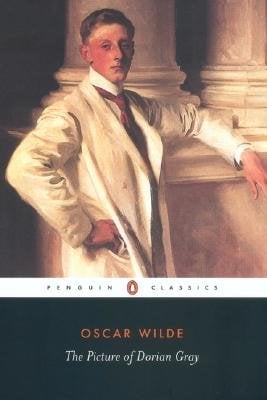 The Portrait of Dorian Gray by Oscar Wilde. A painted portrait of a young man in a white suit and red tie and is very historical. The man is leaning against marble columns.