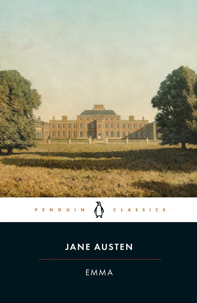 Emma book cover with the exterior of European estate with two large trees on either side of it.