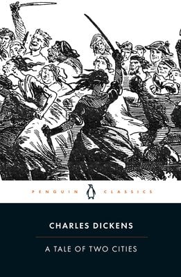 A Tale of Two Cities by Charles Dickens, a Classic Literature cover showing people at war in black and white.