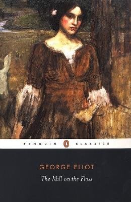 The Mill on the Floss by George Eliot, book cover depicting the female character of the novel. She is a young woman with pale skin, dark hair, and a brown dress.