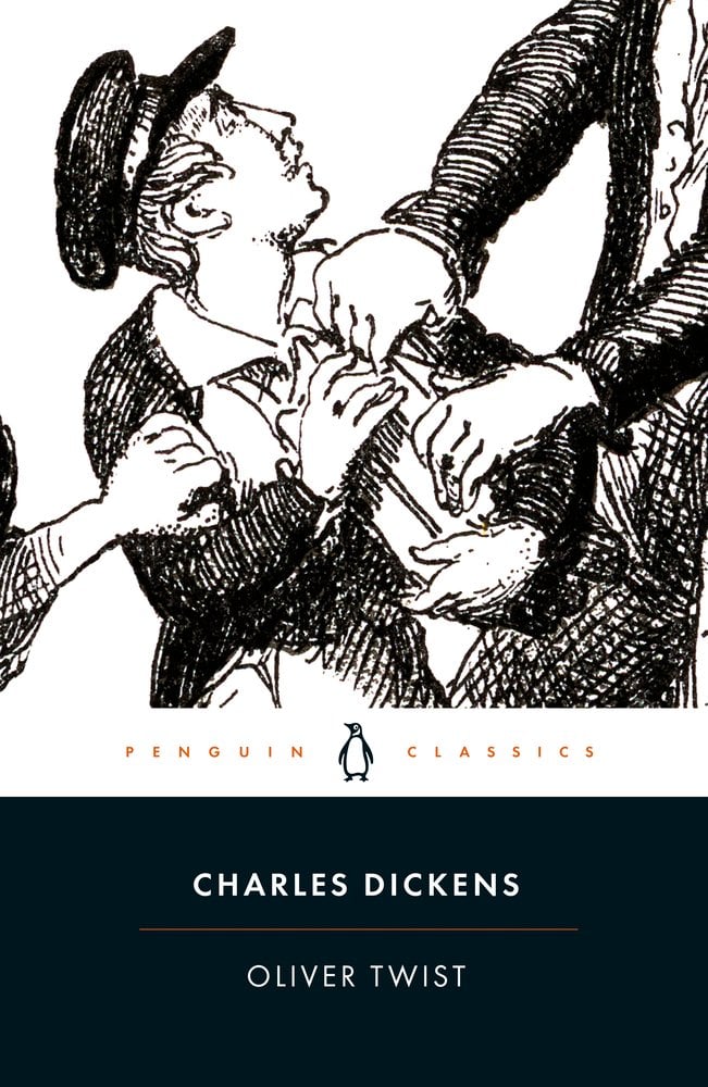 Cover of "Oliver Twist" by Charles Dickens. A black and white photo of a man looking up at another on his right. He is holding something and attempting to hold on to it while the person he's looking at is trying to take it. Another hand is coming from the left side, grabbing his arm.