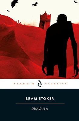 Black silhouette of a man with long arms in front of a red field and red castle tower with a white sky in the background with black bats flying around