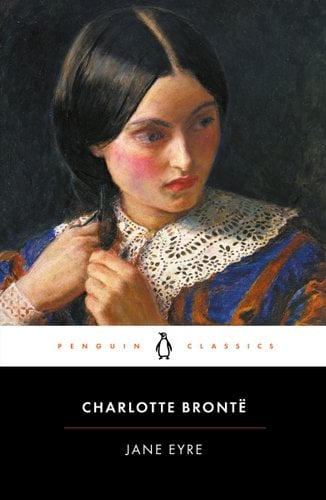 Jane Eyre by Charlotte Brontë. The is the novel and a Penguin Classics edition of it. It was a painting of a young woman in Victorian garb, she is braiding her hair and looking off.