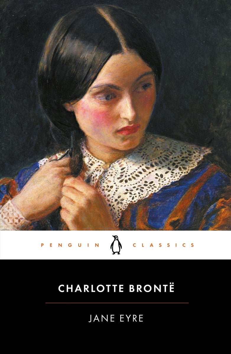 Jane Eyre by Charlotte Bronte's book cover depicts the painting of a young woman braiding her hair.