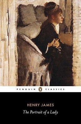 The cover of The Portrait of a Lady by Henry James. There is a photograph of a woman in a black dress sitting in a chair.