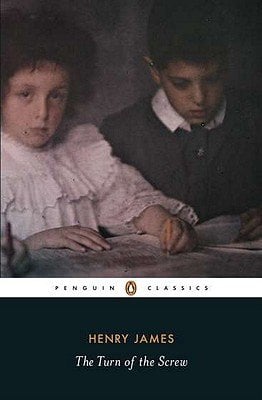 Cover of The Turn of the Screw by Henry James. A Penguin Classics cover, with two children sitting at a table. The boy is looking at paper on the table and the girl is looking towards us. There is a grainy old filter over it.