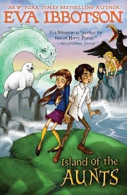 The cover of Eva Ibbotson's Island of the Aunts, with a drawing of two children standing on a green hill surrounded by mythical creatures