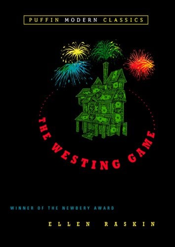 The cover of The Westing Game, a black cover with a floating house made of money and fireworks coming from it