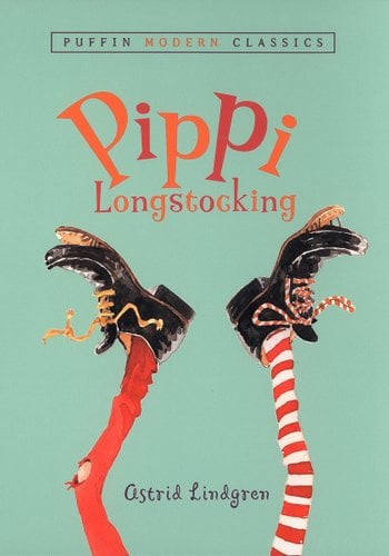 Pippi Longstocking book green background with two legs covered in red stockings and black boots